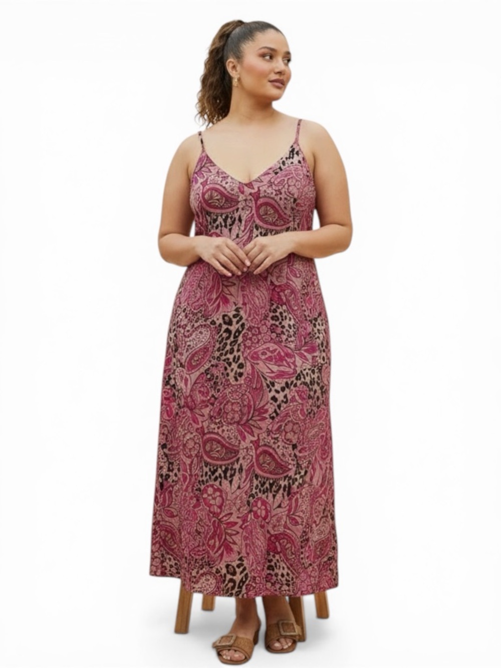 NWT Van Winkle Pink Paisley Boho Maxi Dress 3X Plus Spaghetti Strap Pockets